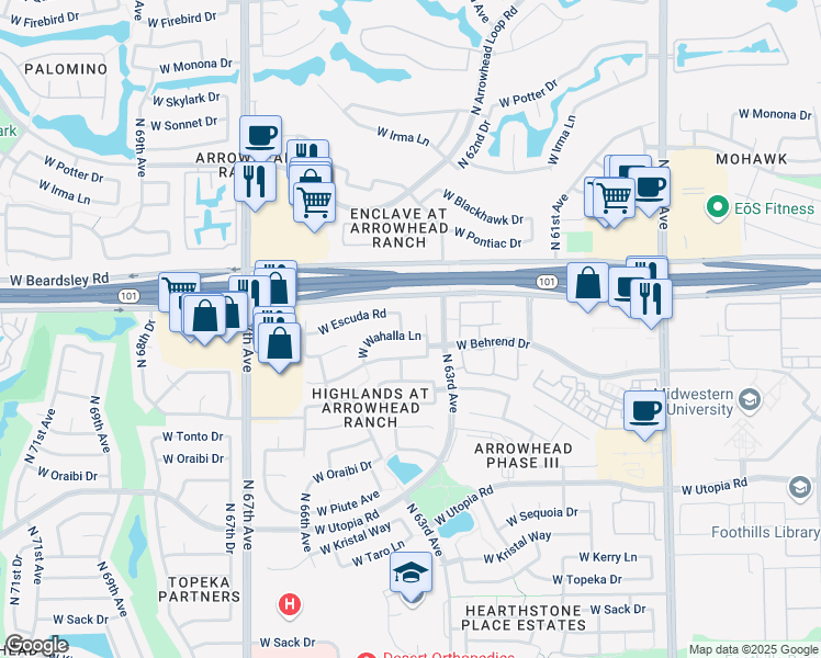 map of restaurants, bars, coffee shops, grocery stores, and more near 6376 West Adobe Drive in Glendale