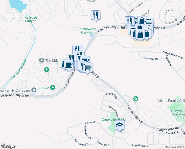 map of restaurants, bars, coffee shops, grocery stores, and more near 30505 Canyon Hills Road in Lake Elsinore