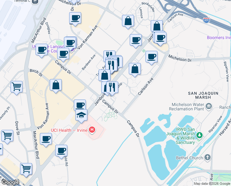 map of restaurants, bars, coffee shops, grocery stores, and more near 6280 Scholarship in Irvine