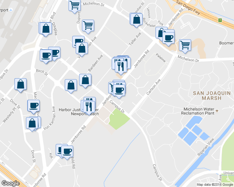 map of restaurants, bars, coffee shops, grocery stores, and more near 19 Campus Drive in Irvine