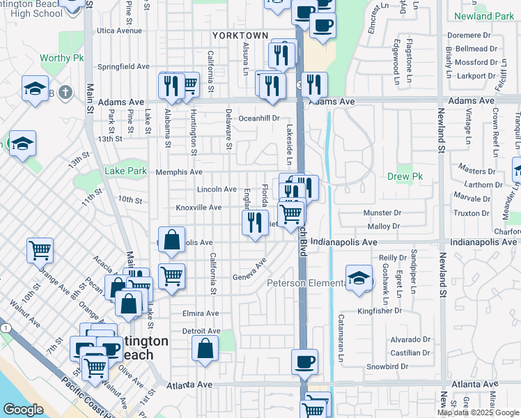 map of restaurants, bars, coffee shops, grocery stores, and more near 1006 England Street in Huntington Beach