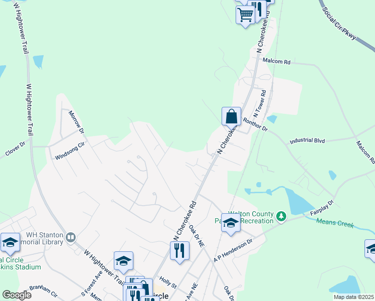 map of restaurants, bars, coffee shops, grocery stores, and more near 621 North Cherokee Road in Social Circle