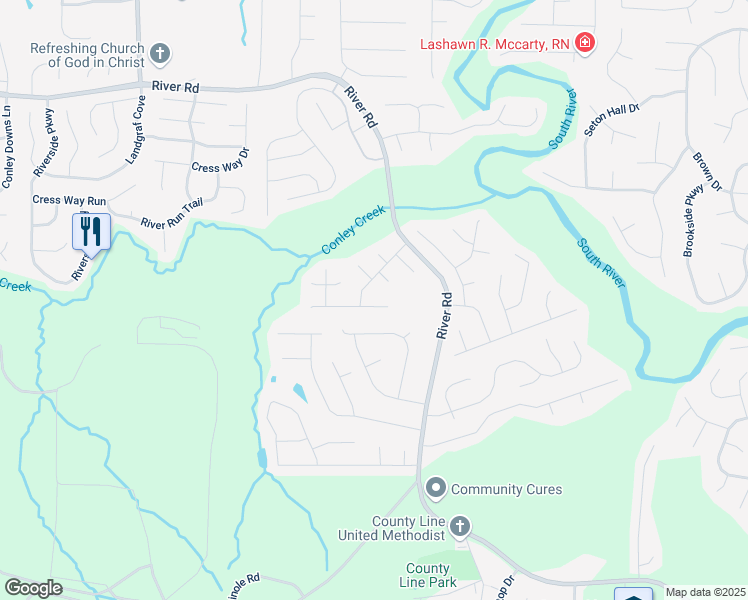 map of restaurants, bars, coffee shops, grocery stores, and more near 3472 Riverview Chase Way in Ellenwood