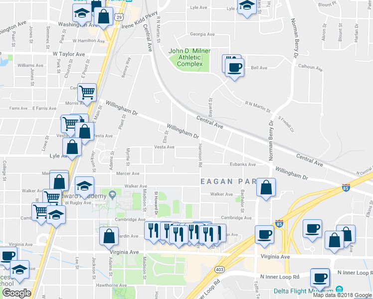 map of restaurants, bars, coffee shops, grocery stores, and more near 1408 Vesta Terrace in East Point