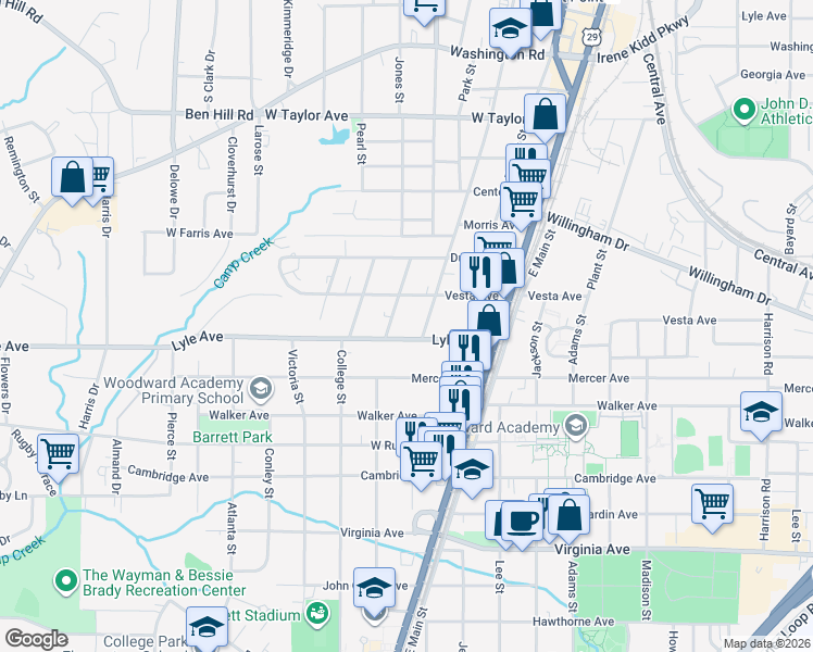 map of restaurants, bars, coffee shops, grocery stores, and more near 1831 Lyle Avenue in Atlanta