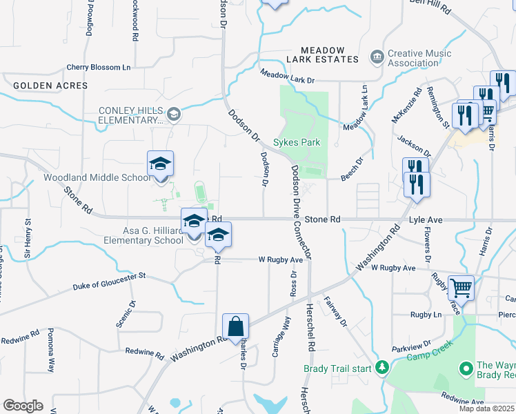 map of restaurants, bars, coffee shops, grocery stores, and more near 3275 Dodson Drive in East Point