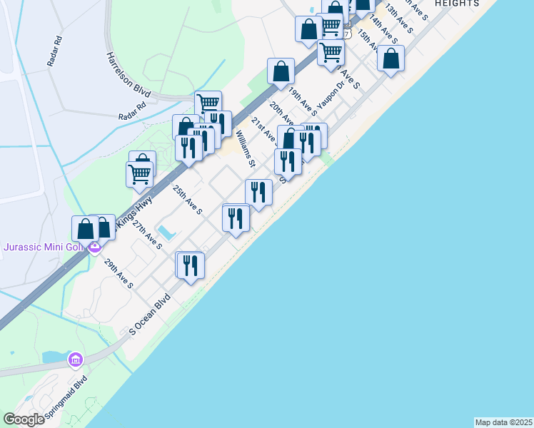 map of restaurants, bars, coffee shops, grocery stores, and more near 2311 South Ocean Boulevard in Myrtle Beach