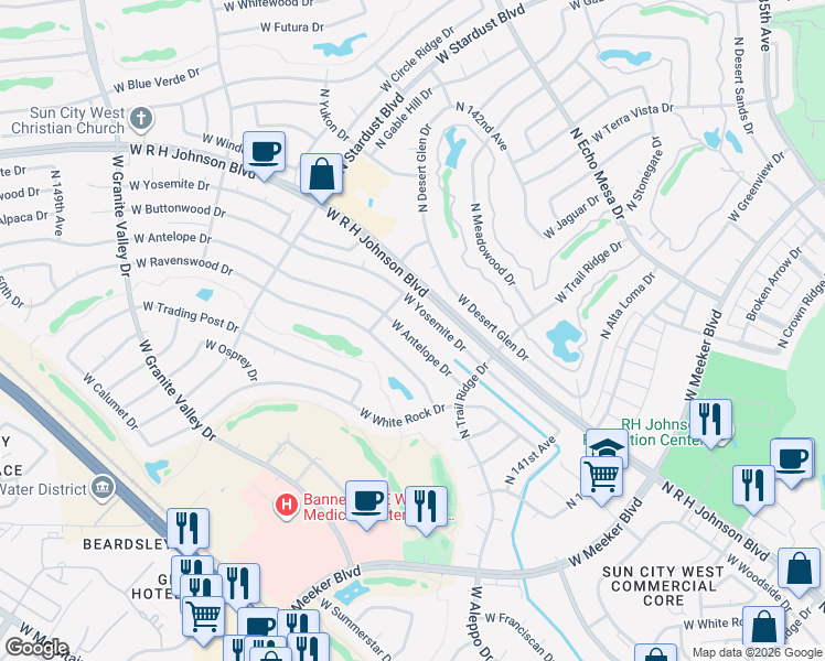 map of restaurants, bars, coffee shops, grocery stores, and more near 14403 West Antelope Drive in Sun City West