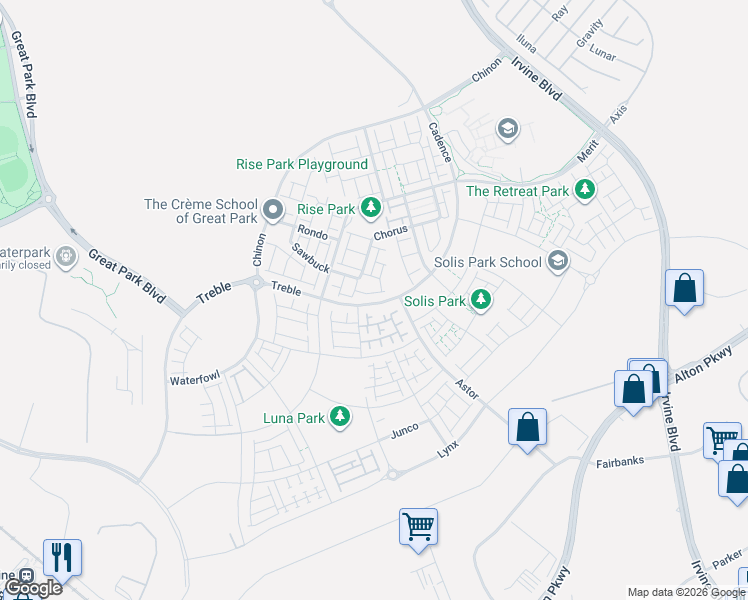 map of restaurants, bars, coffee shops, grocery stores, and more near 138 Chorus in Irvine
