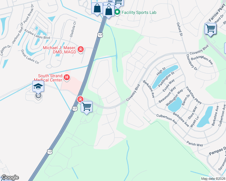 map of restaurants, bars, coffee shops, grocery stores, and more near 2300 Lark Sparrow Street in Myrtle Beach