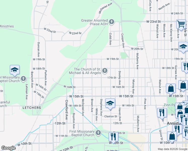 map of restaurants, bars, coffee shops, grocery stores, and more near 1116 West 17th Street in Anniston