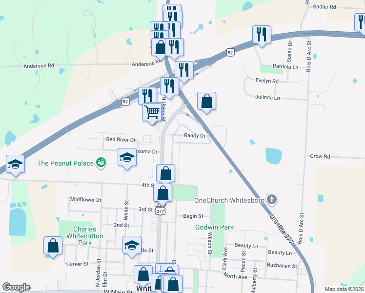 map of restaurants, bars, coffee shops, grocery stores, and more near 724 Park Place in Whitesboro