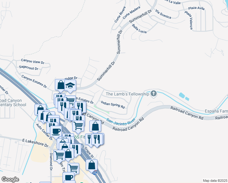 map of restaurants, bars, coffee shops, grocery stores, and more near 21022 Canyon Ridge Drive in Lake Elsinore
