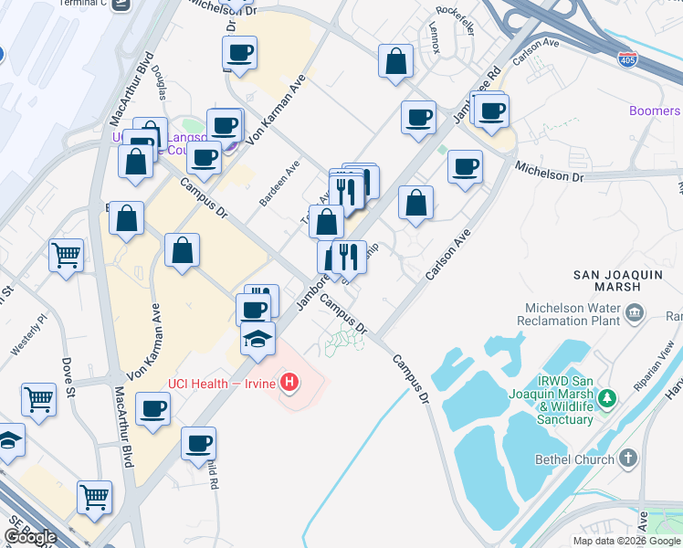 map of restaurants, bars, coffee shops, grocery stores, and more near in Irvine