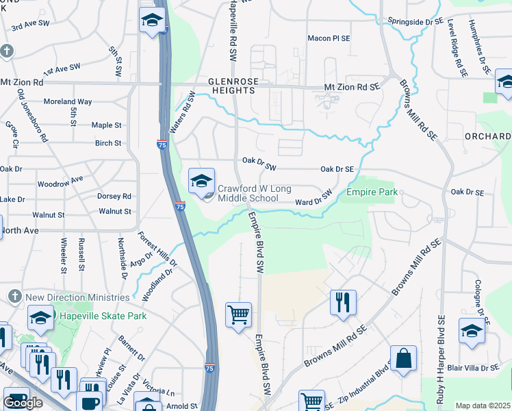 map of restaurants, bars, coffee shops, grocery stores, and more near 3372 Ward Drive Southwest in Atlanta