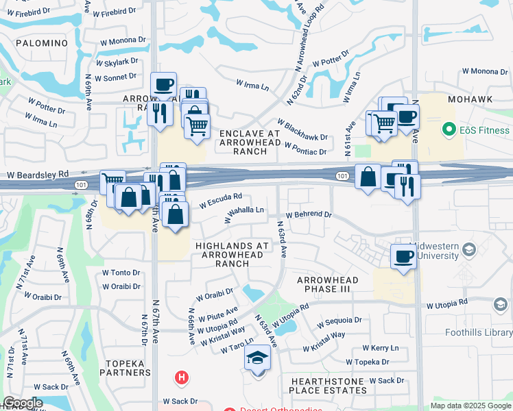map of restaurants, bars, coffee shops, grocery stores, and more near 6376 West Adobe Drive in Glendale