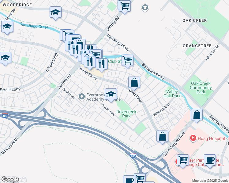 map of restaurants, bars, coffee shops, grocery stores, and more near 49 Eaglecreek in Irvine