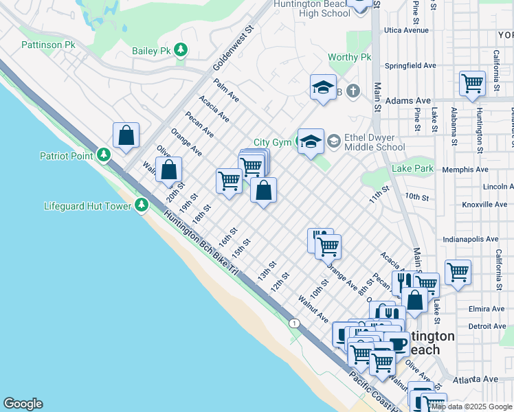 map of restaurants, bars, coffee shops, grocery stores, and more near 308 16th Street in Huntington Beach