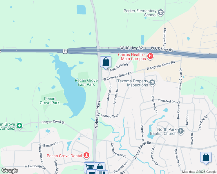 map of restaurants, bars, coffee shops, grocery stores, and more near 3101 Mimosa Drive in Sherman