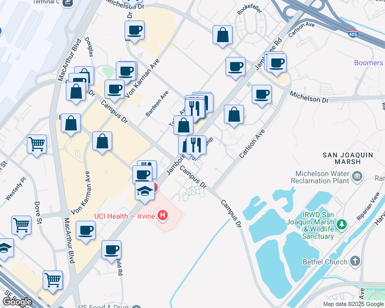 map of restaurants, bars, coffee shops, grocery stores, and more near 5038 Scholarship in Irvine