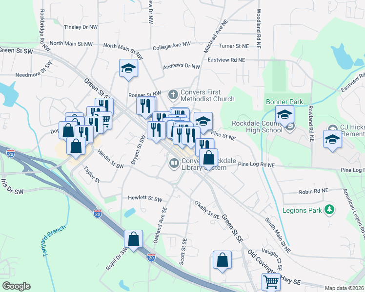 map of restaurants, bars, coffee shops, grocery stores, and more near 914 Commercial Street Northeast in Conyers
