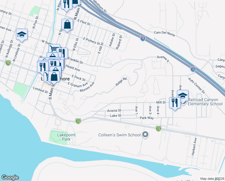 map of restaurants, bars, coffee shops, grocery stores, and more near in Lake Elsinore