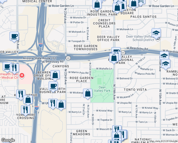 map of restaurants, bars, coffee shops, grocery stores, and more near 2102 West Behrend Drive in Phoenix