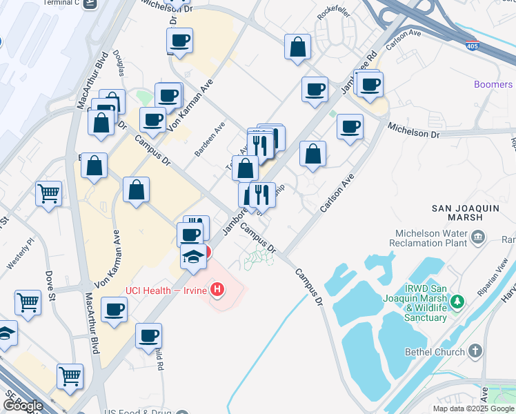 map of restaurants, bars, coffee shops, grocery stores, and more near 5102 Scholarship in Irvine