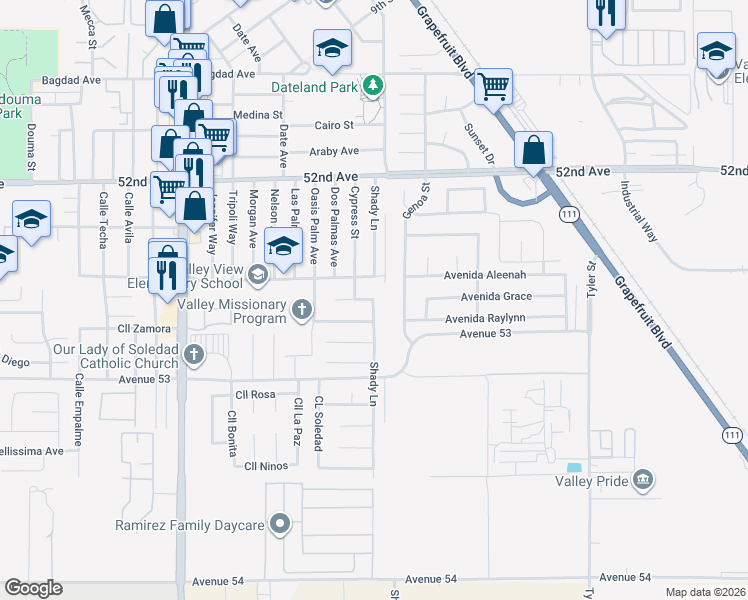 map of restaurants, bars, coffee shops, grocery stores, and more near Shady Lane in Coachella