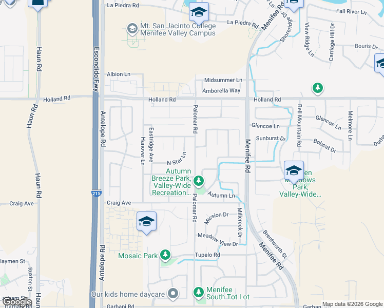 map of restaurants, bars, coffee shops, grocery stores, and more near 28423 North Star Lane in Menifee