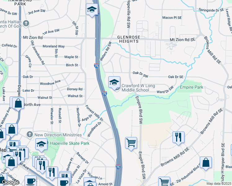 map of restaurants, bars, coffee shops, grocery stores, and more near 3200 Latona Drive Southwest in Atlanta