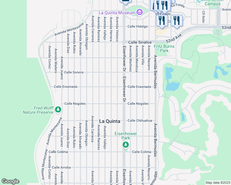 map of restaurants, bars, coffee shops, grocery stores, and more near 52575 Avenue Velasco in La Quinta