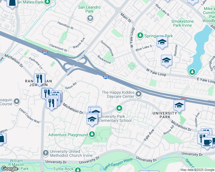 map of restaurants, bars, coffee shops, grocery stores, and more near 12 Rockrose Way in Irvine
