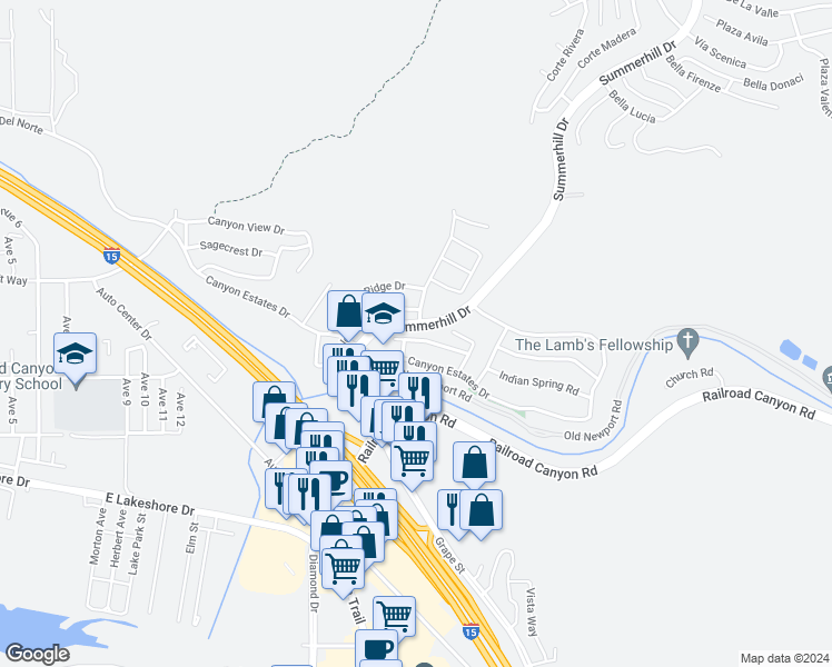 map of restaurants, bars, coffee shops, grocery stores, and more near 31646 Willow View Place in Lake Elsinore