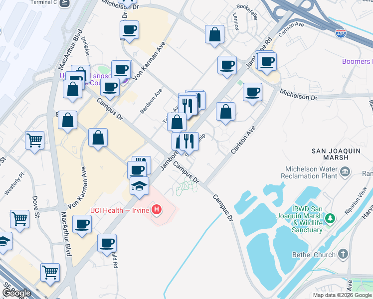 map of restaurants, bars, coffee shops, grocery stores, and more near 5000 Scholarship in Irvine