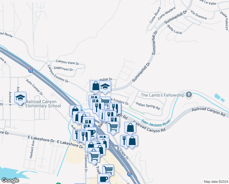 map of restaurants, bars, coffee shops, grocery stores, and more near 31646 Willow View Place in Lake Elsinore