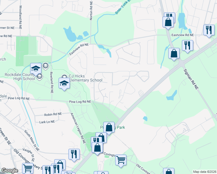 map of restaurants, bars, coffee shops, grocery stores, and more near 1464 Pine Logging Road Northeast in Conyers