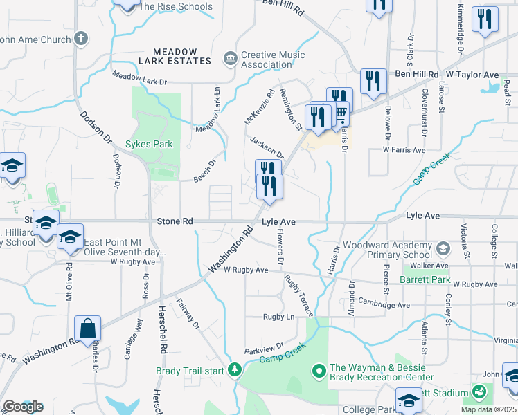 map of restaurants, bars, coffee shops, grocery stores, and more near 3263 Washington Road in East Point