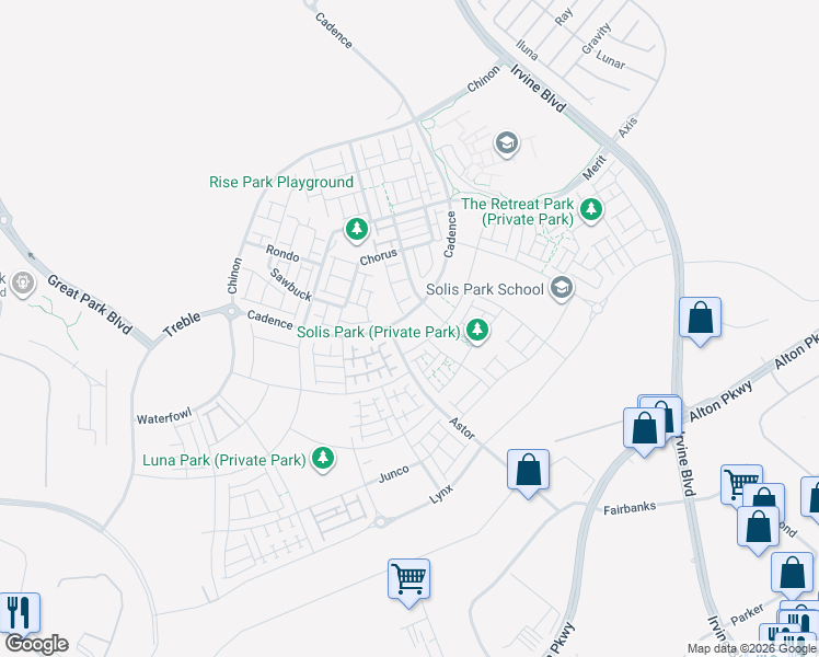 map of restaurants, bars, coffee shops, grocery stores, and more near 1139 Cadence in Irvine
