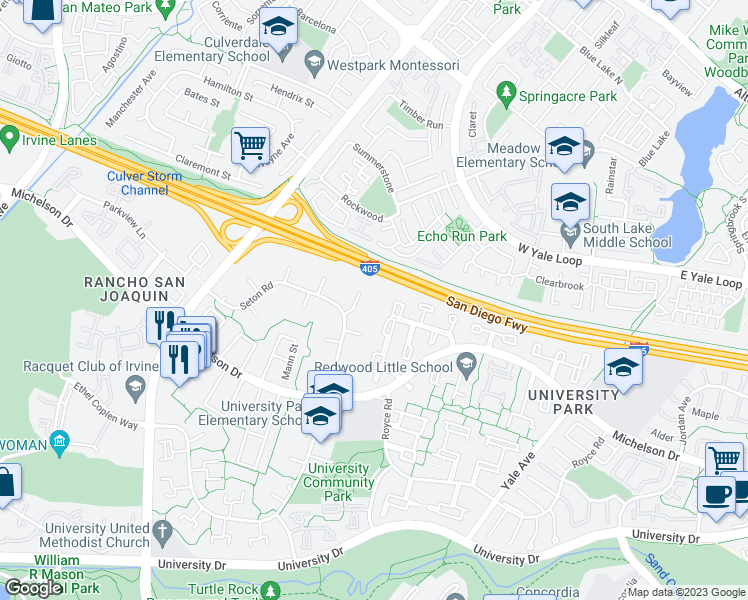 map of restaurants, bars, coffee shops, grocery stores, and more near 12 Rockrose Way in Irvine