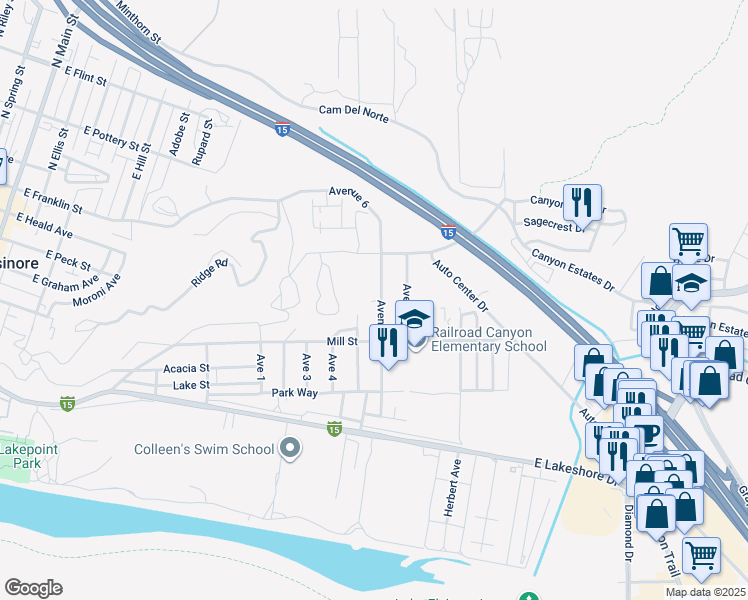 map of restaurants, bars, coffee shops, grocery stores, and more near Cole Avenue in Lake Elsinore