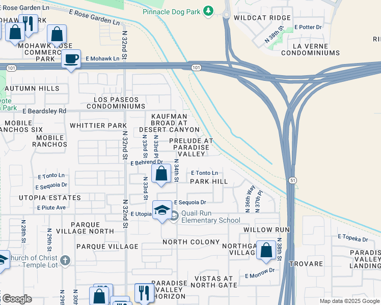 map of restaurants, bars, coffee shops, grocery stores, and more near 3435 East Marco Polo Road in Phoenix