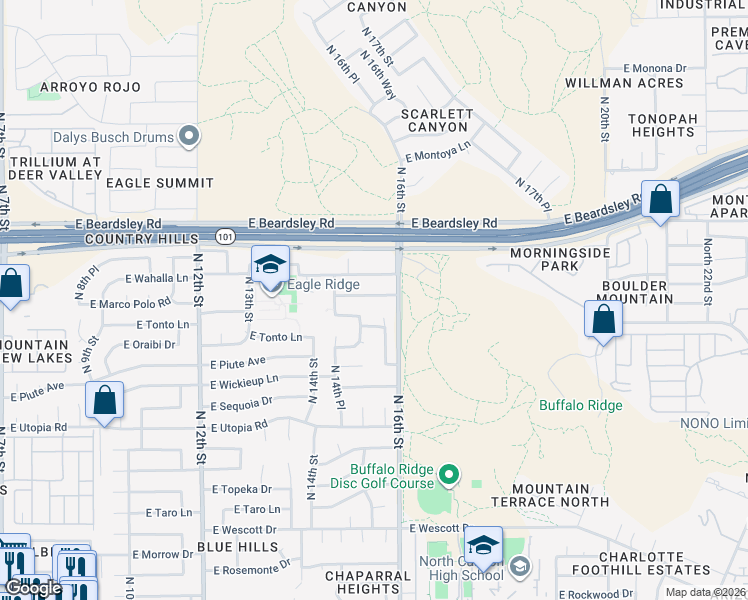 map of restaurants, bars, coffee shops, grocery stores, and more near 19803 North 15th Street in Phoenix
