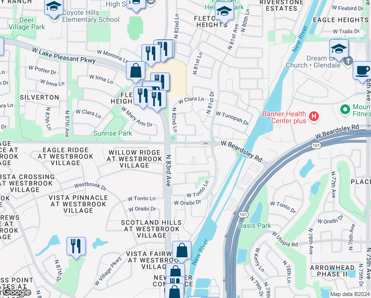 map of restaurants, bars, coffee shops, grocery stores, and more near 8201 West Beardsley Road in Peoria