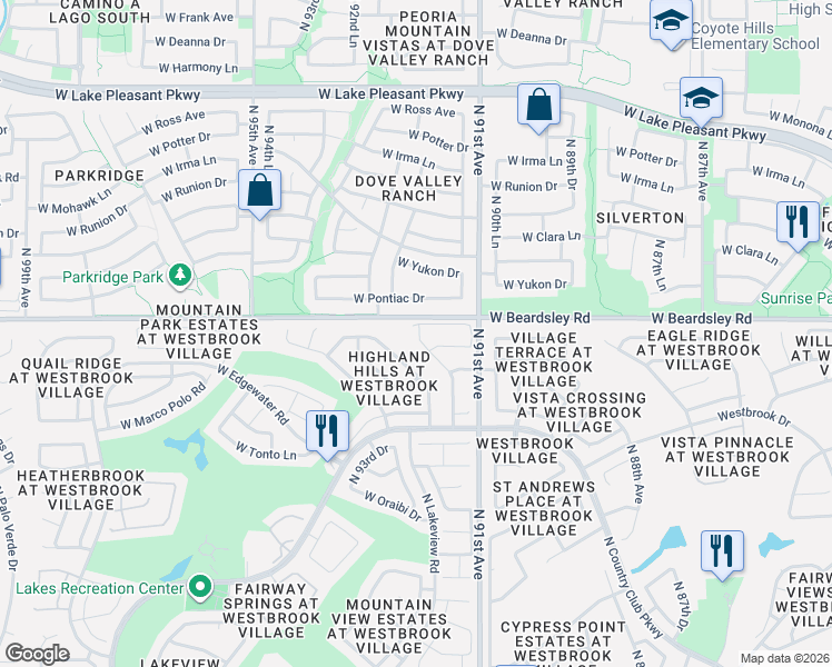 map of restaurants, bars, coffee shops, grocery stores, and more near 19948 North 91st Lane in Peoria