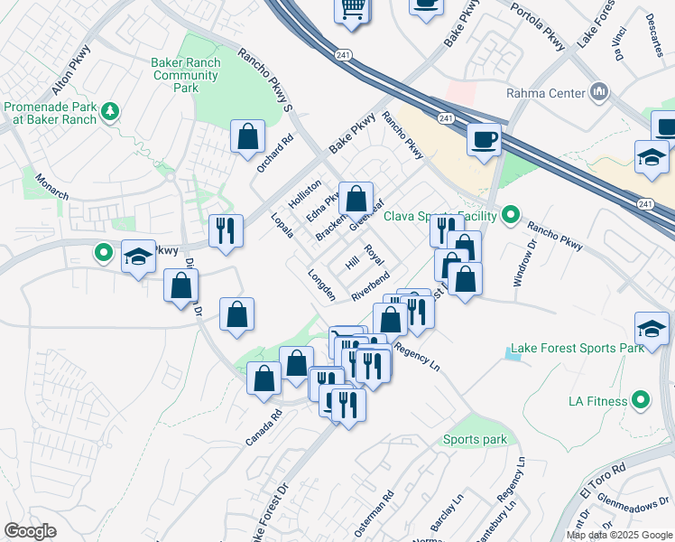 map of restaurants, bars, coffee shops, grocery stores, and more near 26210 Enterprise Way in Lake Forest