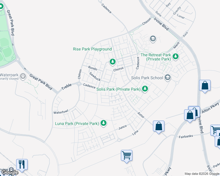 map of restaurants, bars, coffee shops, grocery stores, and more near North 2nd Street in Irvine