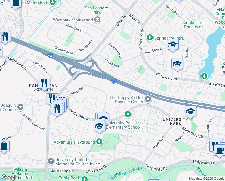 map of restaurants, bars, coffee shops, grocery stores, and more near 30 Seton Road in Irvine