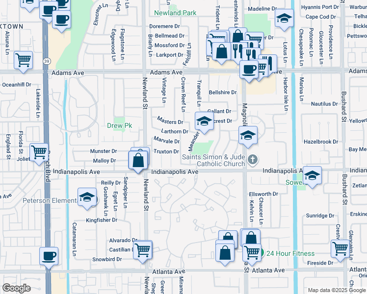map of restaurants, bars, coffee shops, grocery stores, and more near 20402 Camfield Lane in Huntington Beach