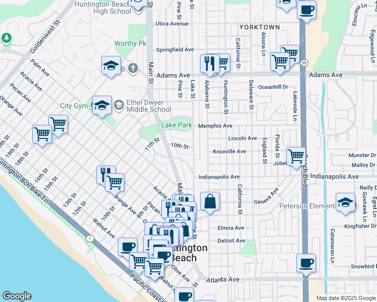 map of restaurants, bars, coffee shops, grocery stores, and more near 220 Crest Avenue in Huntington Beach